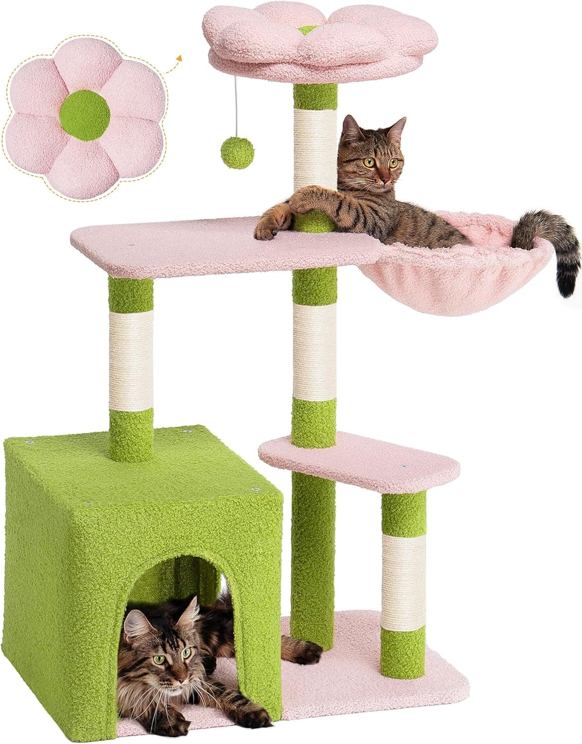 41.2-inch light pink flower cat tree tower with 2-door large cat condo, floral cotton perch, hammock, 4 sisal scratching posts, and staggered platforms