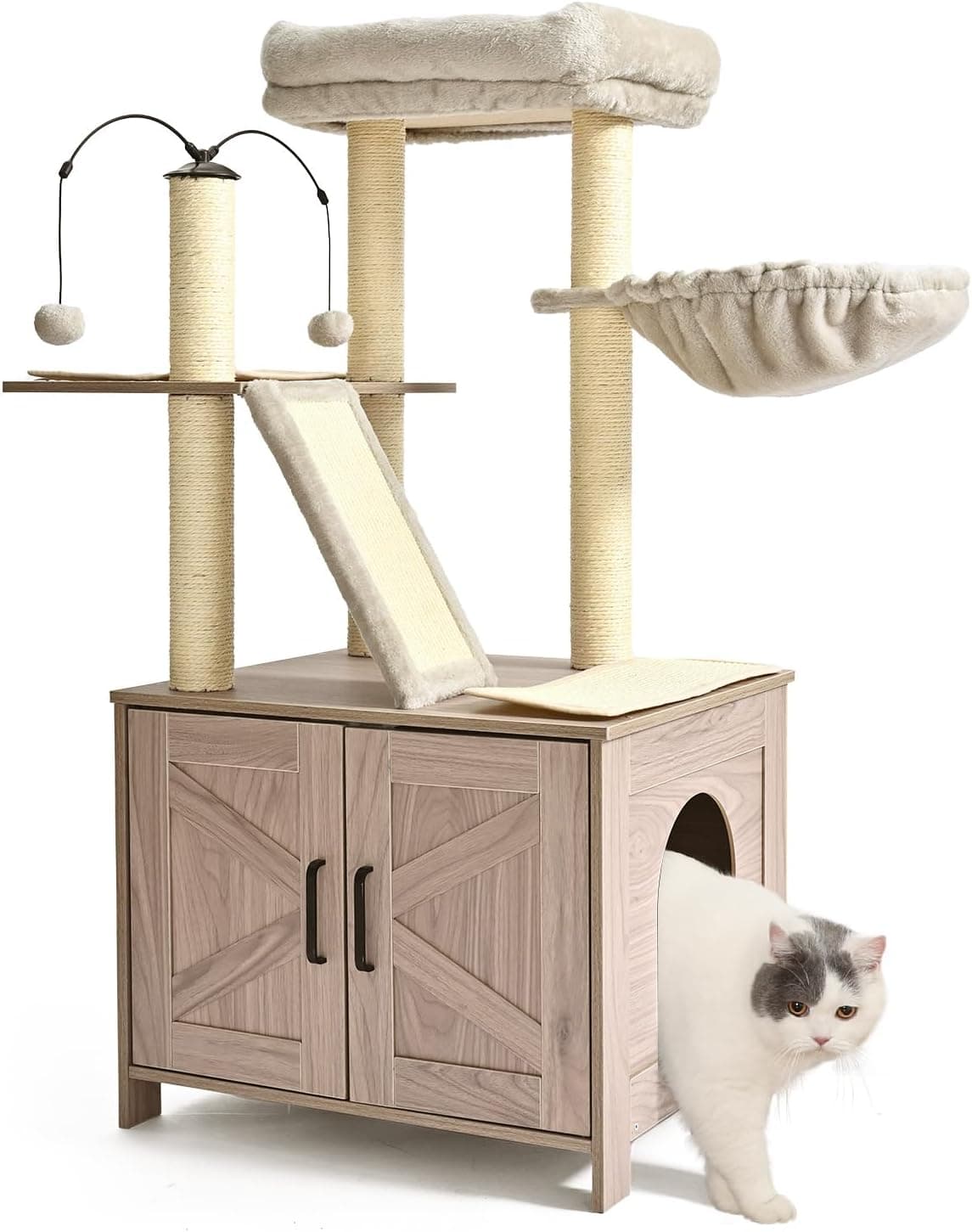 Amazon Basics beige cat tree with double-door litter box enclosure, large top perch, hammock, sisal scratching posts and removable sisal pads