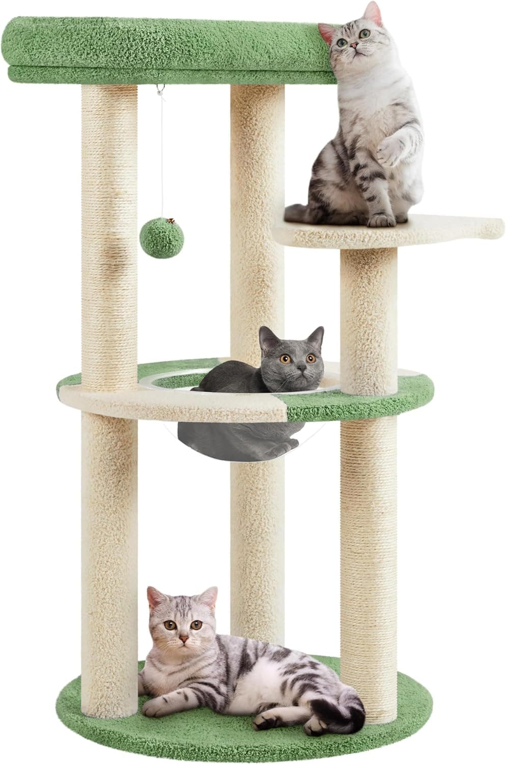 Yaheetech 35.5-inch space capsule cat tree in army green with clear bowl perch, fish-shaped platform, sisal scratching posts, and plush sleeping perch