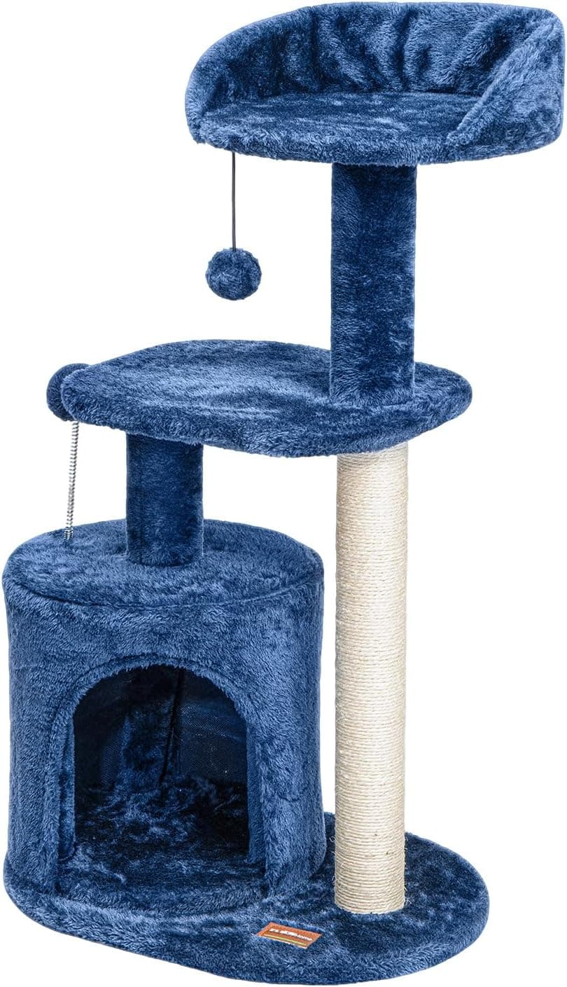 ClevaHome 33.5-inch deep denim blue cat tree with condo, two plush perches, sisal scratching posts and detachable pompom toy for indoor cats
