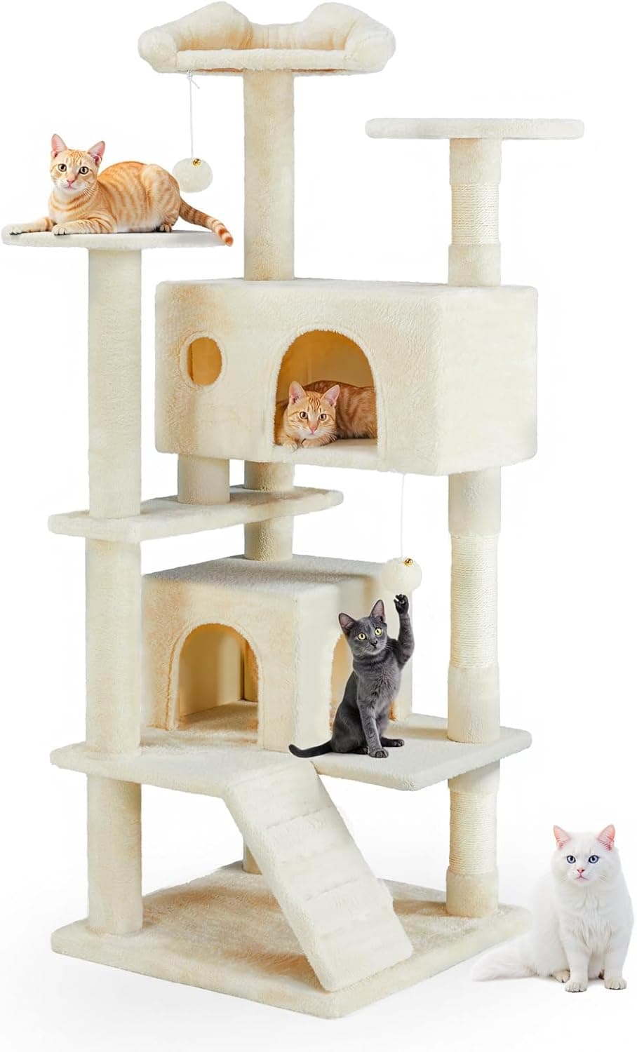 Aidoly 54-inch multi-level cat tree with twin condos, three top perches, sisal scratching posts, climbing ladder, ramp, and dangling bell toy balls