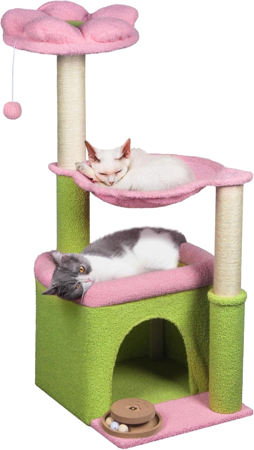 39-inch Fantasreen flower cat tree in green and pink with condo, basket, scratching posts, and a floral top perch.