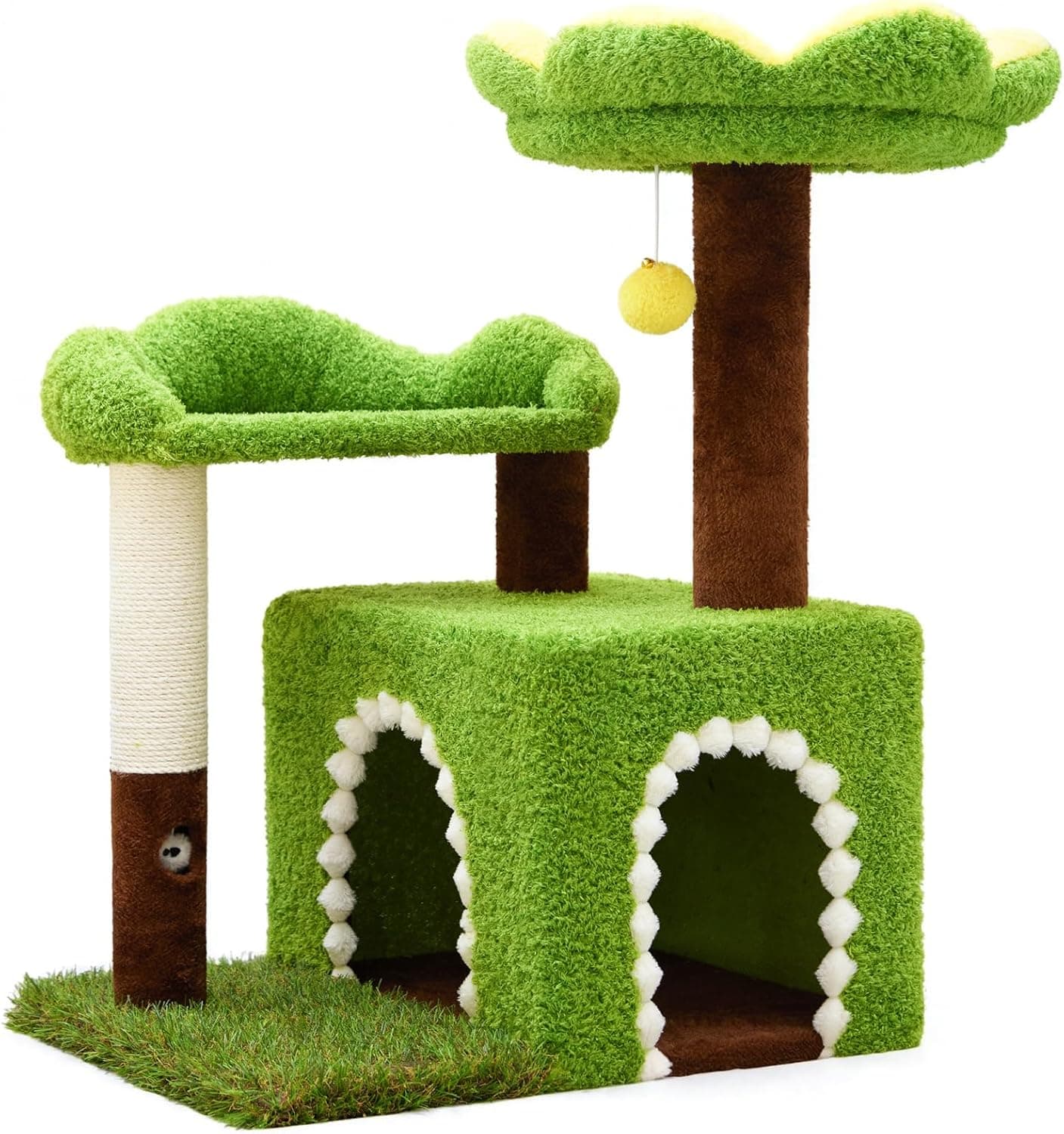 29-inch WOOCHPET flower cat tree in green with cat condo, floral top perch, sisal scratching post, faux grass details and plush pom-pom toy