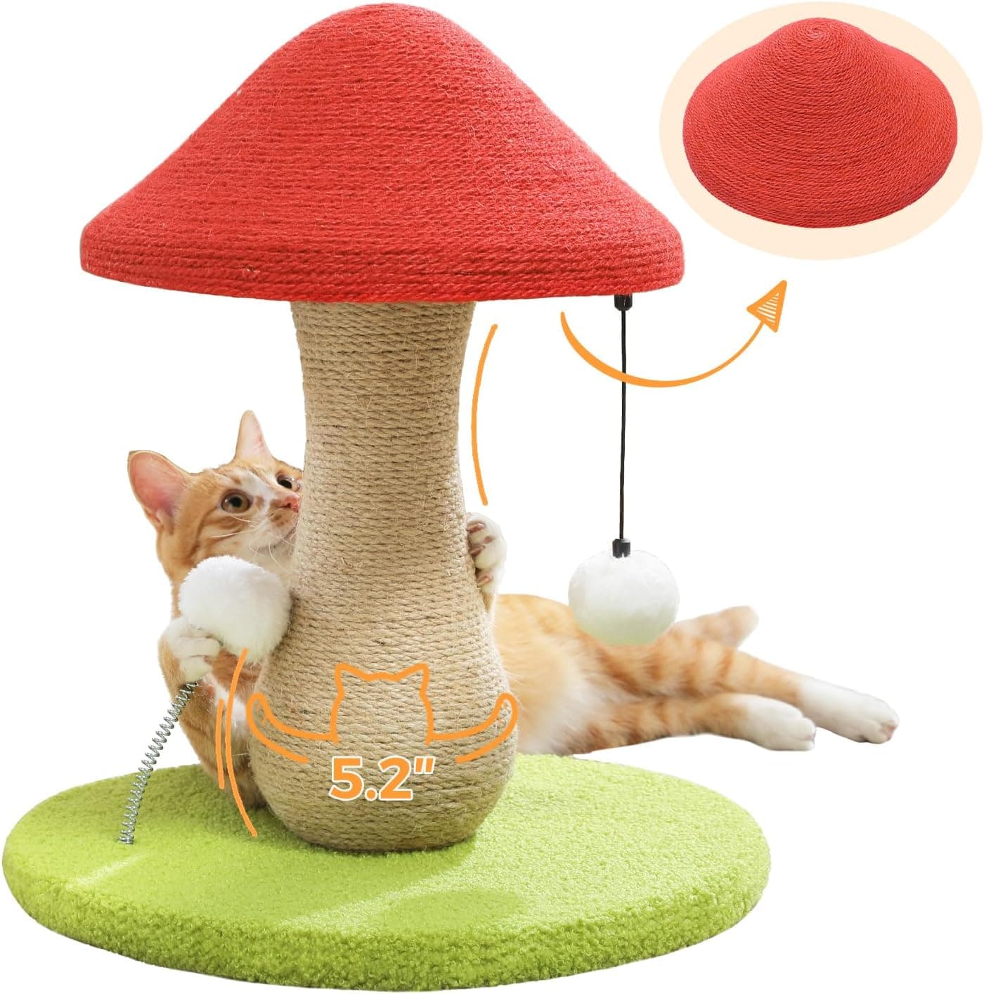 PETEPELA red mushroom-shaped cat scratching post with 100% sisal covering, large stable base, pompom toy and spring ball toy for indoor cats