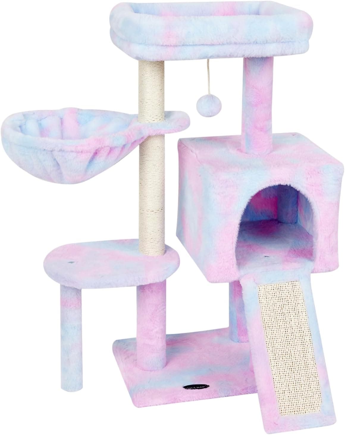FISH&NAP Cute Cat Tree with condo, rooftop bed, basket, scratching posts, and hanging play ball