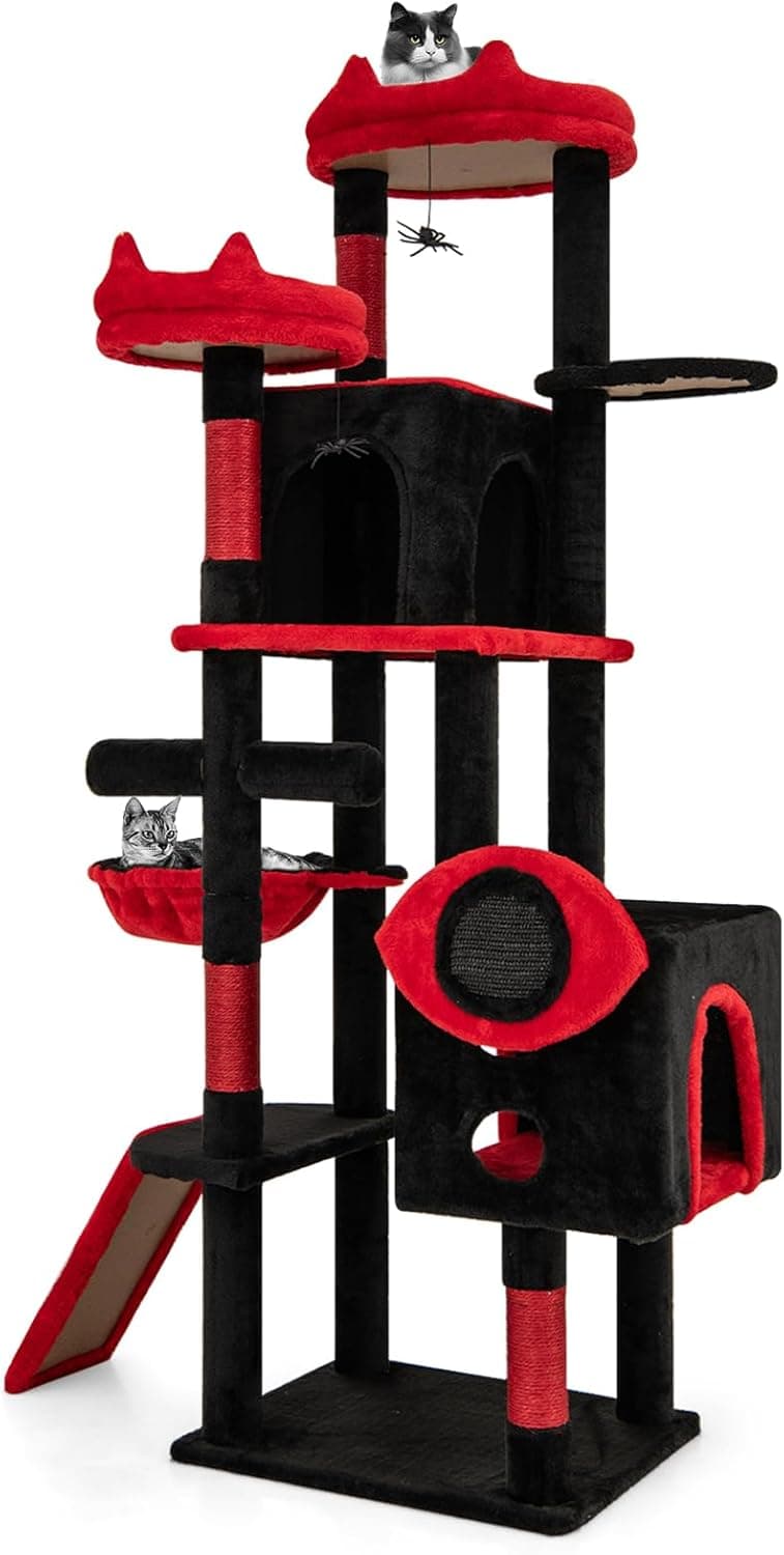 Tangkula 62-inch black gothic cat tree with devil ear perches, bat-shaped platform, spider toys, two condos, basket bed, sisal scratching posts, ramp and red cushioning