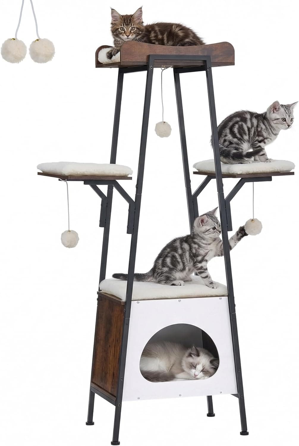 VERSASKY 46-Inch Modern Cat Tree Tower with large perch, cat condo, toy balls, removable cushion pads, and engineered wood base in white